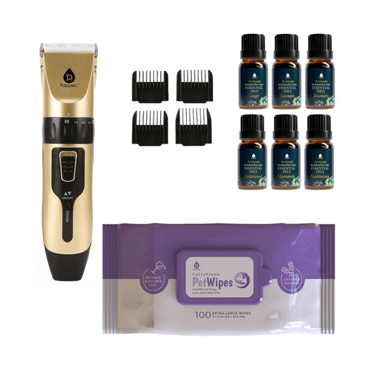 Pursonic Pet Grooming Bundle – Rechargeable Hair Trimmer, 6-Pack Essential Oils & Lavender Wipes