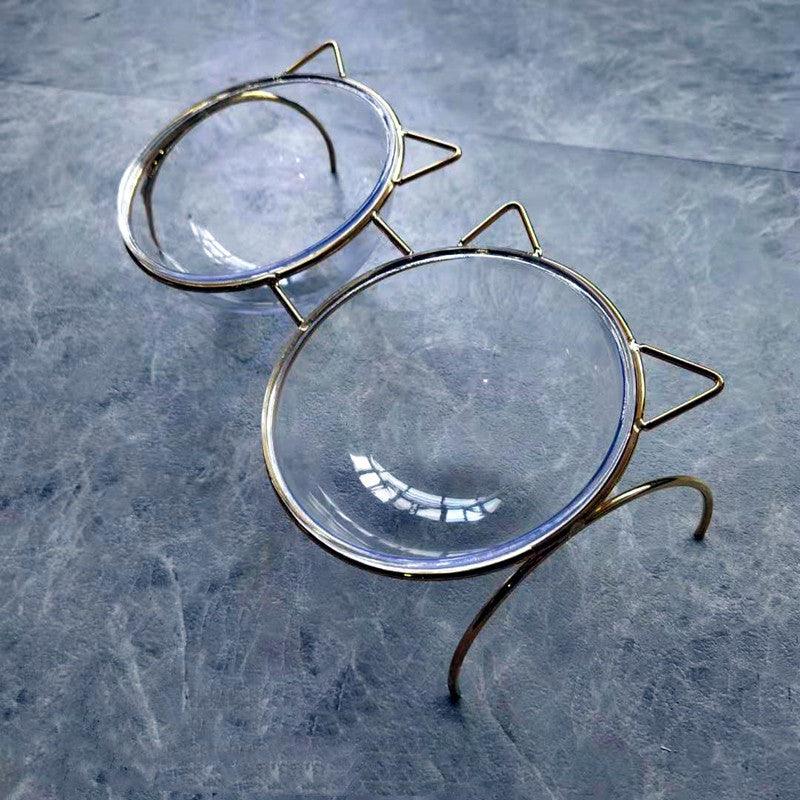 Sparkling Glass Cat Bowl With Elevated Metal Rack - Stylish And Functional Pet Feeder